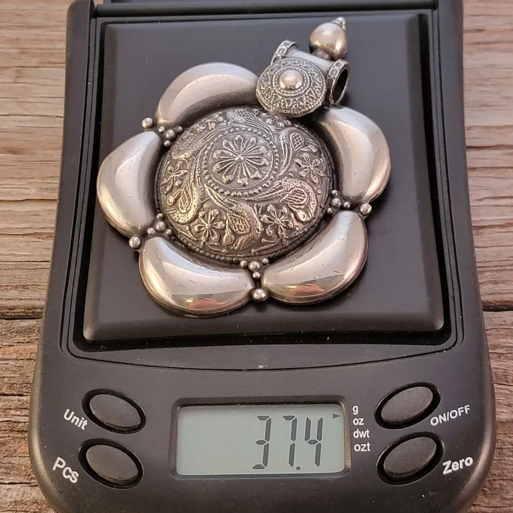 Vintage Sterling Large Boho Tribal Bird Repousee Statement Pendant